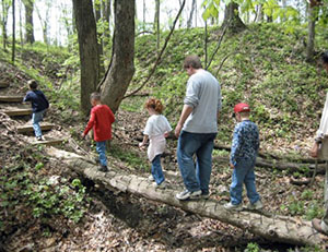 Students walking in the woods